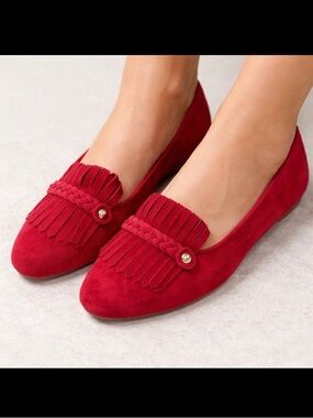 Birdies Red Cardinal Suede Flat Loafer Slippers Kiltie fringe Slippers Size 6